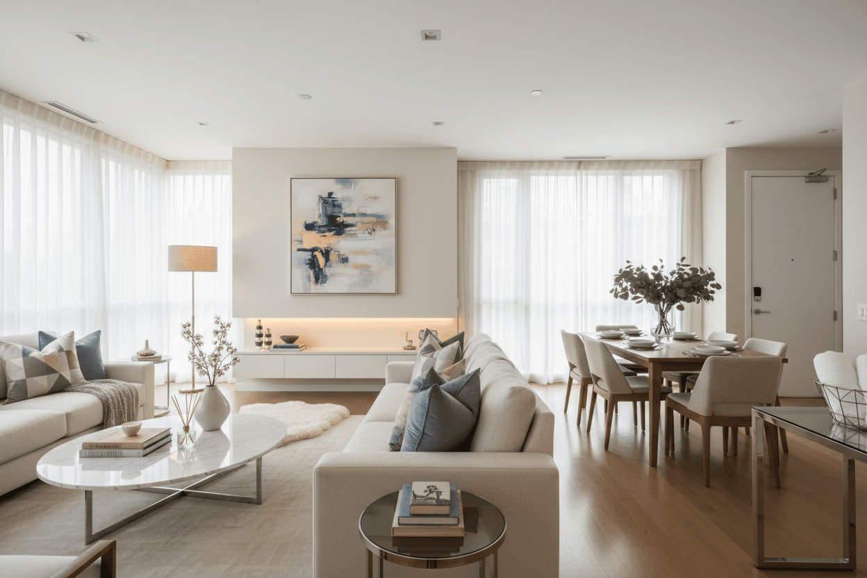 Soggiorno luminoso preparato per una visita immobiliare