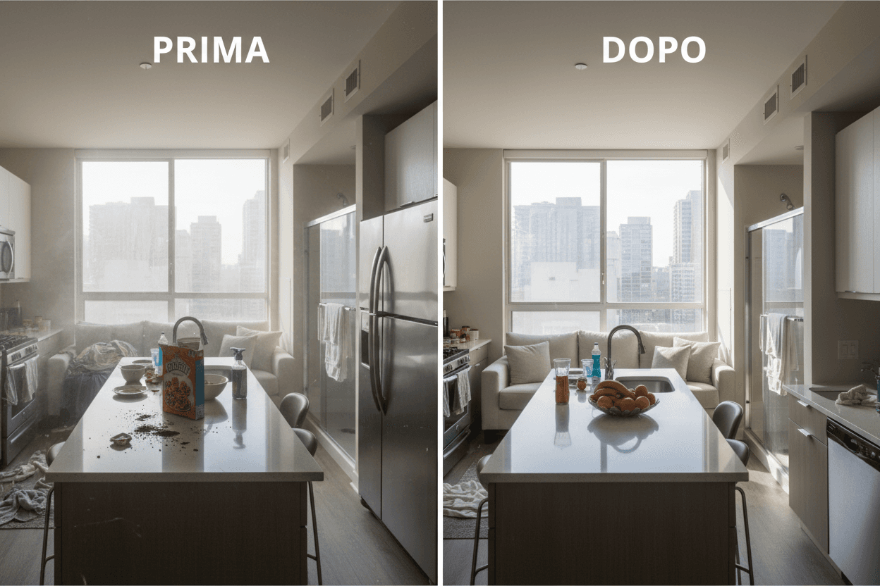 Prima e dopo la pulizia di un soggiorno